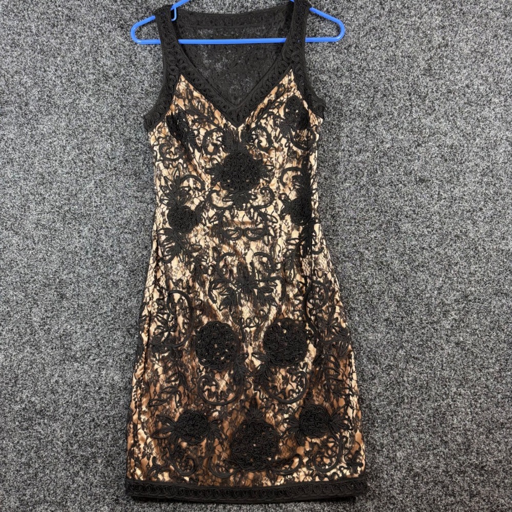 Sue Wong Nocturne Black Lace‎ Soutache Floral Cocktail Dress Champagne Gold 4